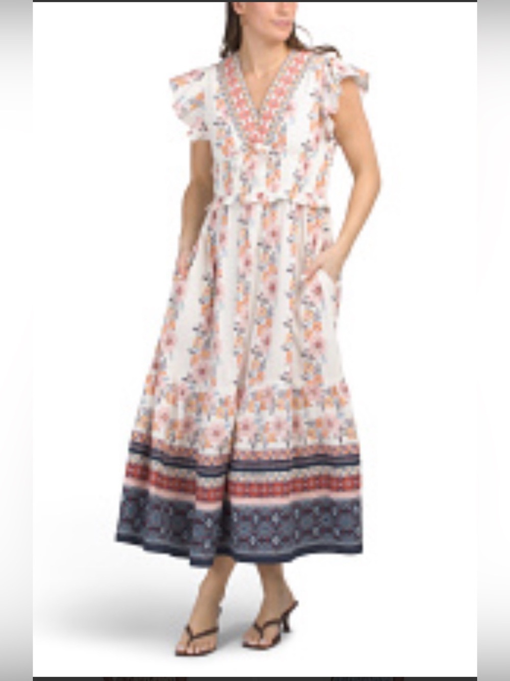 LEAVE BOHO FLORAL FLUTTER SLEEVE IN WHITE AND NAVY BORDER SIZE M NWT